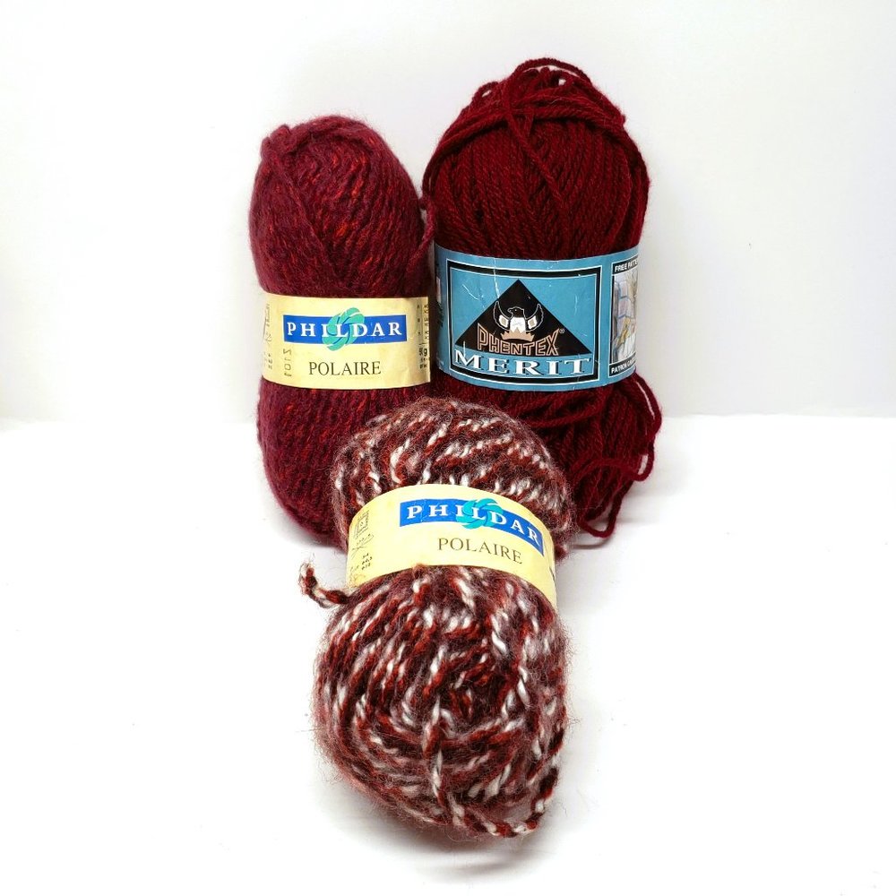 Yarn Phildar Belgian Phentex Canada 50g Skein Wool Acrylic Burgundy Prune Lot x3